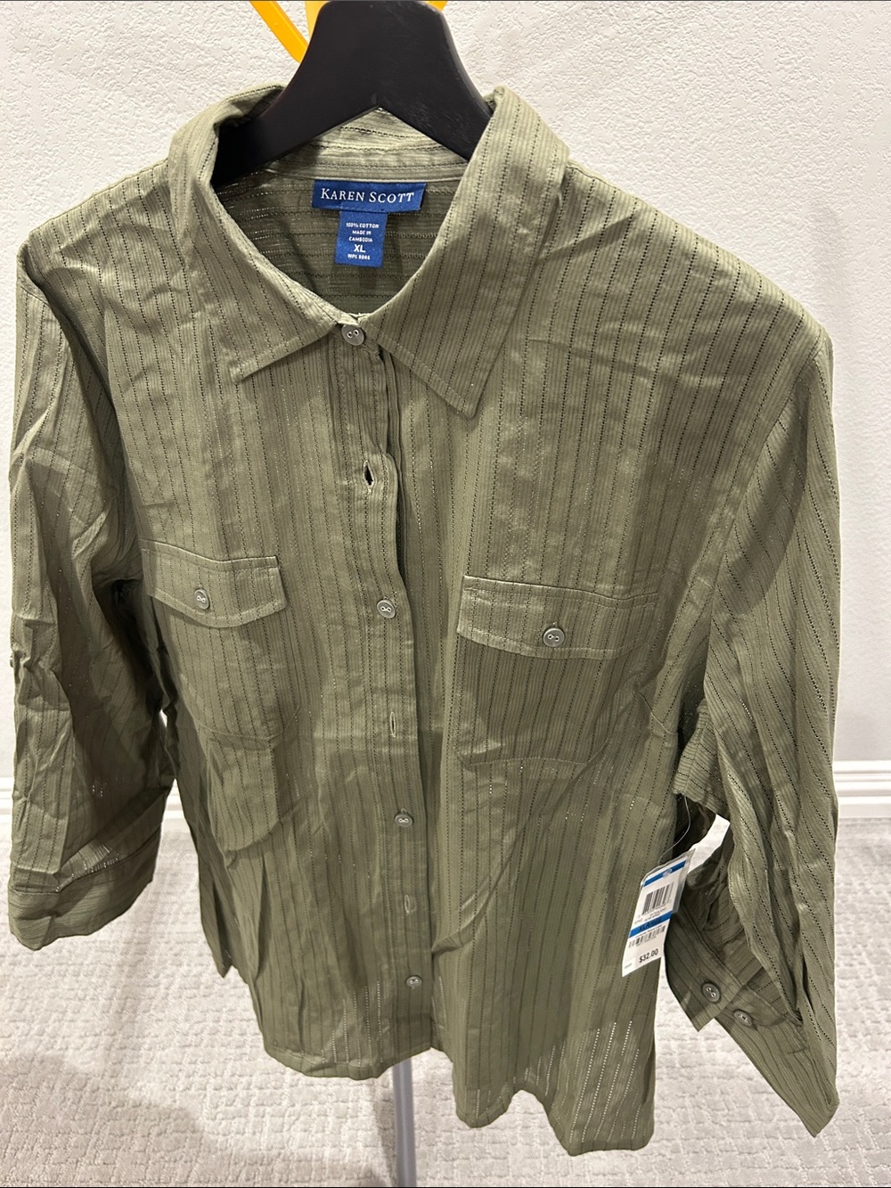 Karen Scott Olive Green Button-Front Lightweight Blouse